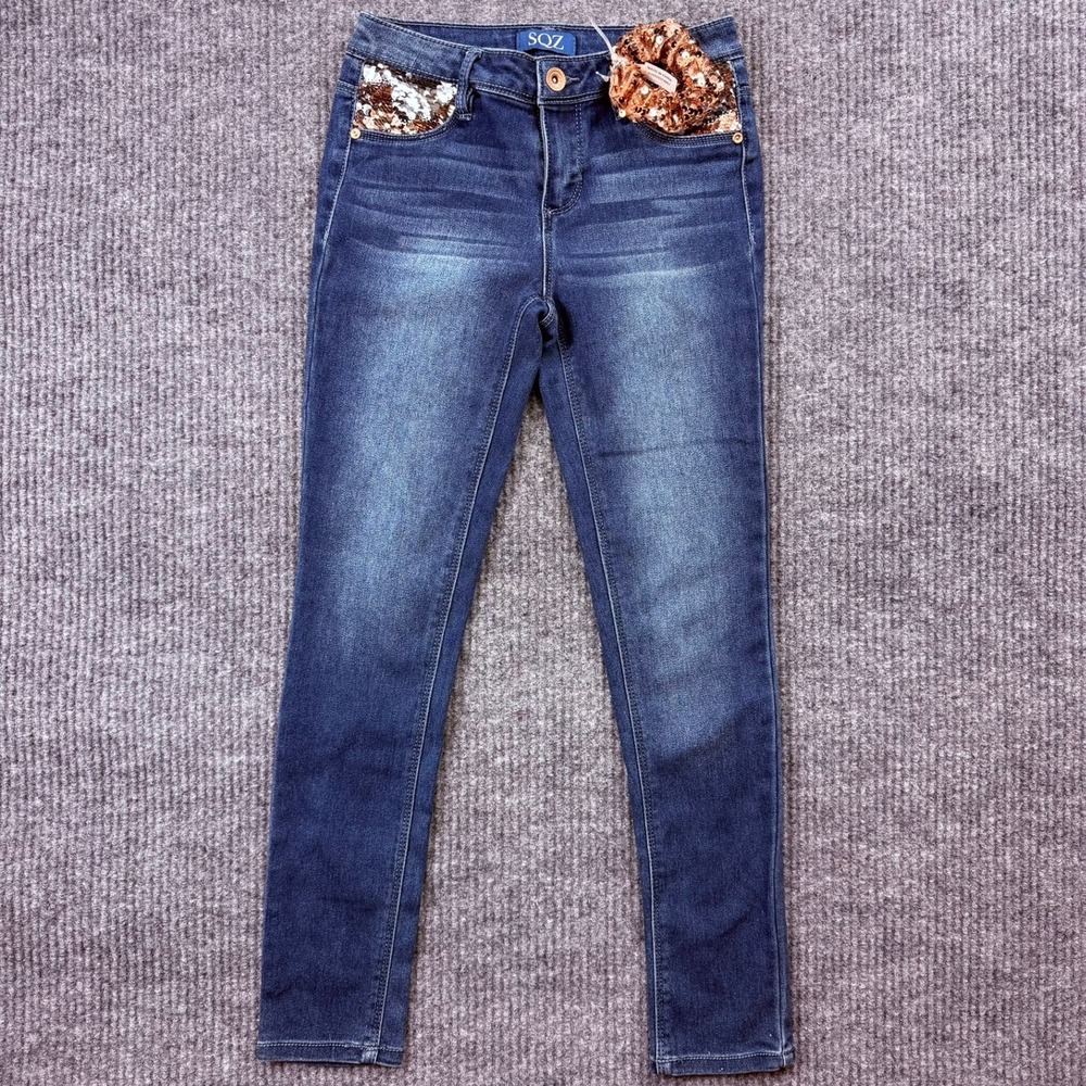SQZ Kids Girls Skinny Jeans Dark Wash Sequin Pockets with Scrunchie Size 10